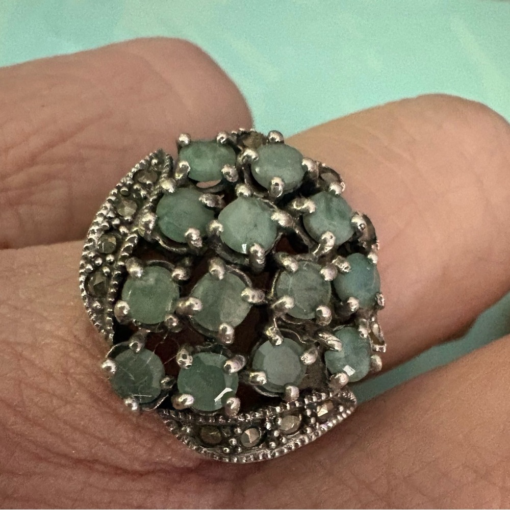 Vintage Sterling Silver Estate Cluster Ring with Emeralds & Marcasite Size 7